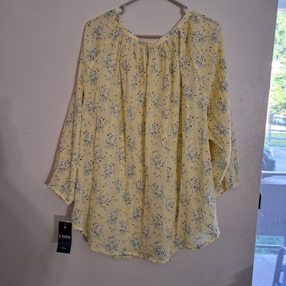 Chaps Women's Blouse Plus 3X Yellow Floral 3/4 Sleeve Button-Up Top - Picture 13 of 13
